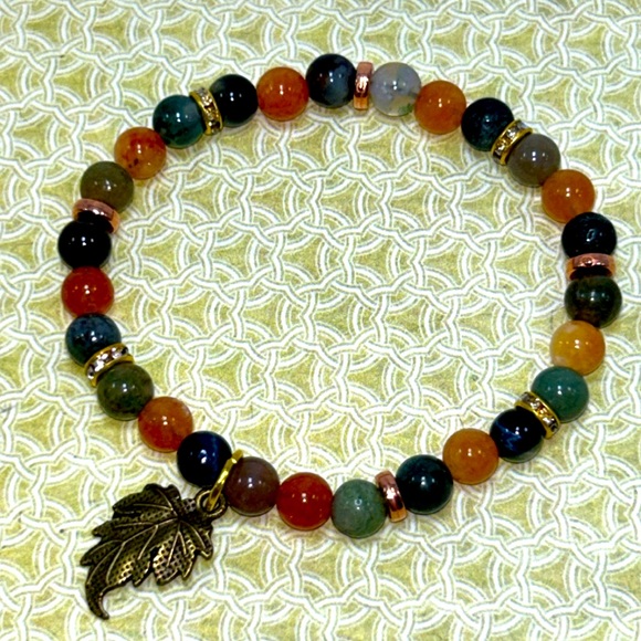 Handmade Fall Leaf Charm Bracelet with Natural
Indian Agate & Sun Stones! - Picture 2 of 5
